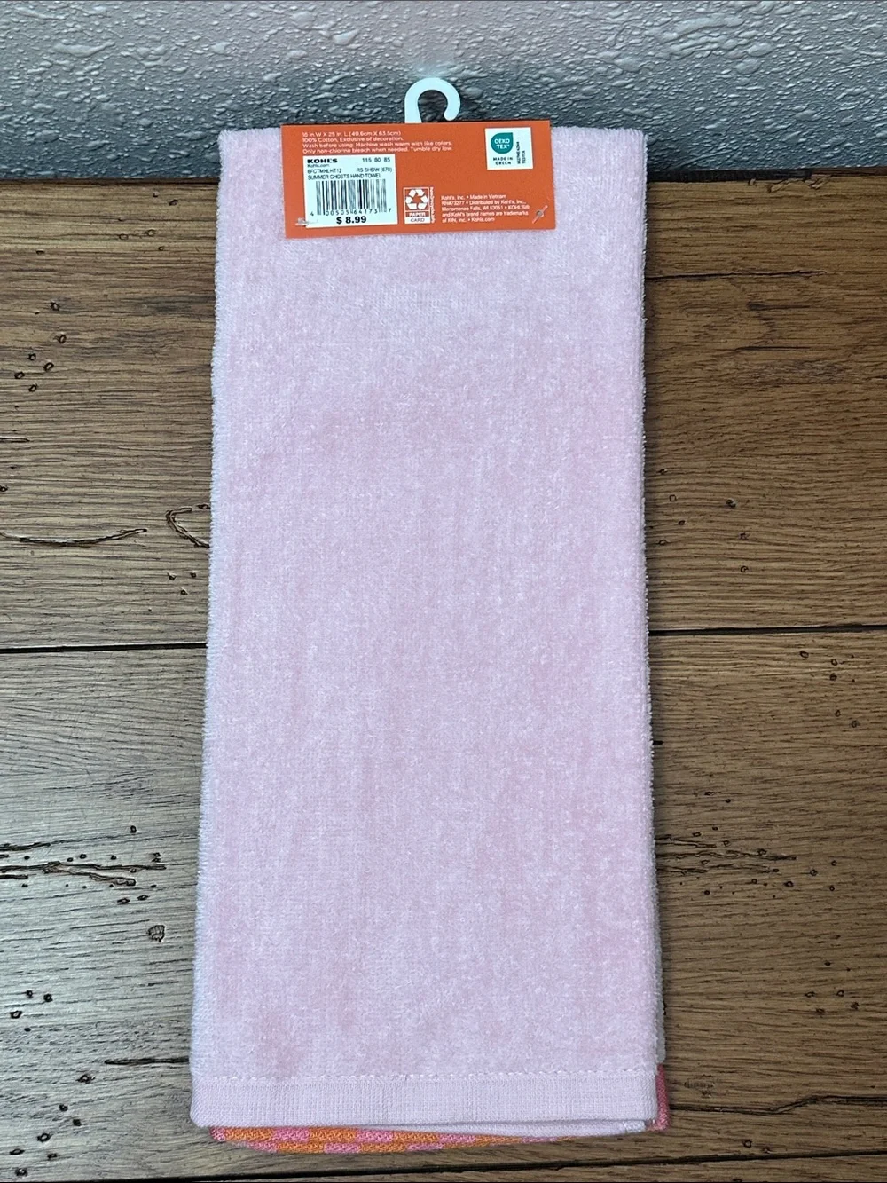Pink Ghost Embroidered Hand Towel with Striped Trim